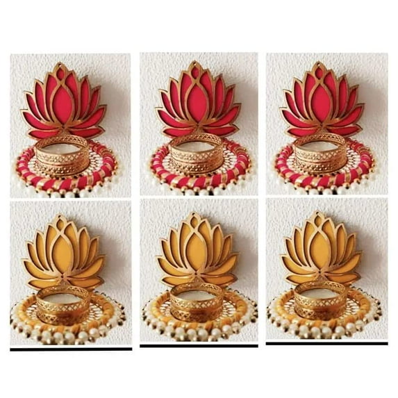 Swadeshi Desire™Handmade Tea Light Candle Holder Designer Diyas /Red and Golden Lotus diyas For Home Décor (Pack of 6)