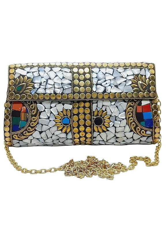 Handmade mosaic metal bag Stone Ethnic Indian Women/Girls Bridal metal clutch party sling bag