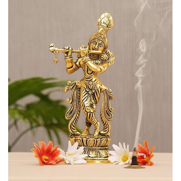 Swadeshi Desire Lord Krishna Metal Statue,Krishna Murti Playing Flute for Temple Pooja,Decor Your Home,Office & Gift Your Relatives,Showpiece Figurines,Religious Idol,Gift Article