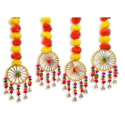 Swadeshi Desire Marigold Flowers Garland String with Bells Ring Pom Pom Rajasthani Wall Door Hanging Latkans Handmade Toran for Diwali/ Home/ Wedding Decoration4 Piece 2.9 ft.