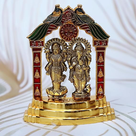 Swadeshi Desire Metal Laxmi Ganesh Idol Darbar Lakshmi Ganesha Ganpati Muti Statue for Home and Office Diwali Gift Item Puja Item Decorative Showpiece - 10 cm (Metal, Gold)