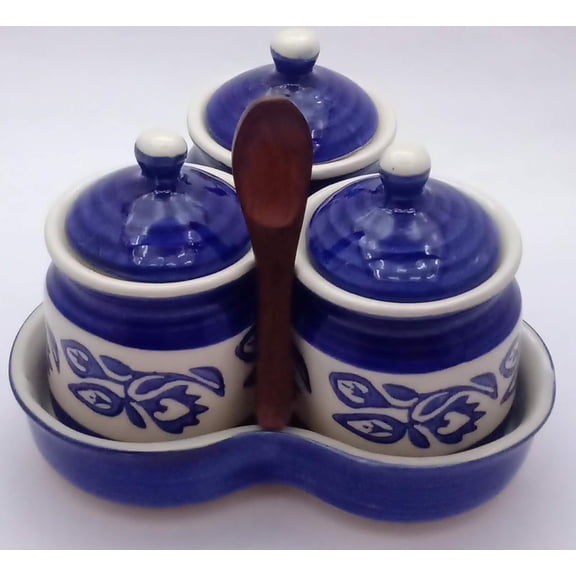 Swadeshi Desire Multipurpose Ceramic Chutney Pickle Jar Set (Set 3) Blue Lustre (200 ML x 3)