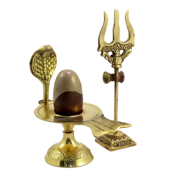 Swadeshi Desire Narmadeshwar Shiva Idol Ling/Shivling with Brass Jalahari Yoni Stand with Trishul Decorative Showpiece - 7.62 cm (Brass, Stone, Golden, Brown)