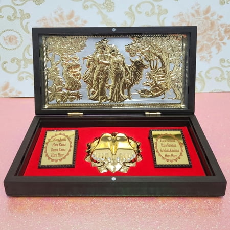 Swadeshi Desire Plastic Rectangular Golden Radha Krishna Photo Frame with Charan Paduka Pocket Temple for Gift, House (Radha Krishna)