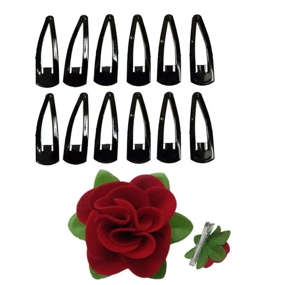Swadeshi Desire Tic Tac Hair clip (Black) and 1 Fabric Red Rose Flower Accessories For Girls/Women Pack of 12