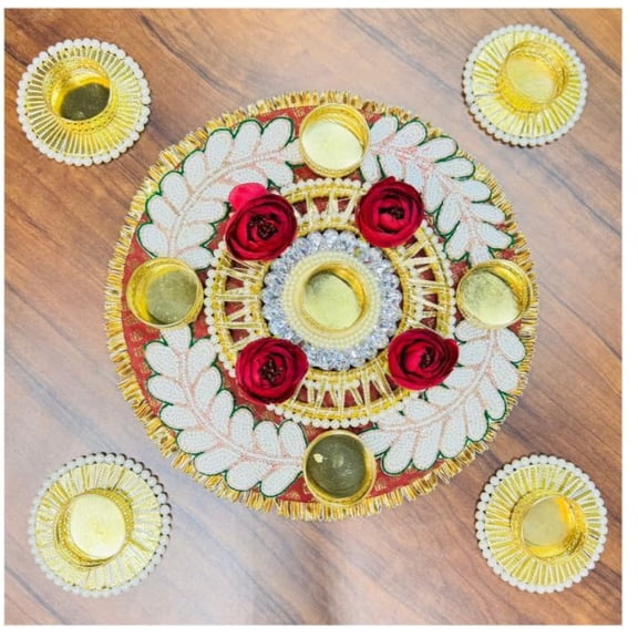 Swadeshi DesireFlower Rangoli Mat with Tealight Table Top for Home Decoration/ Diwali Decoration Items for Home Decor (Red &Golden) (Set of 1)