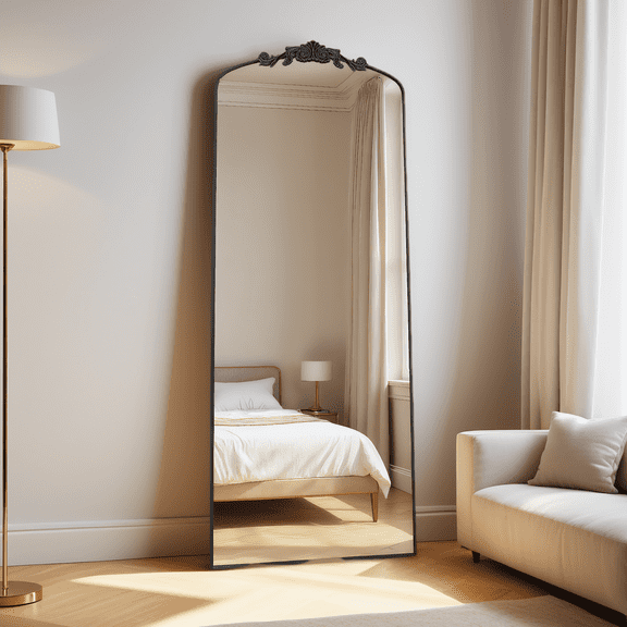 Swafrrt 16x56 inch Black Arch Mirror, Vintage Wall Mirror, Aluminum Frame, Baroque Black Bathroom Mirror, Suitable for Wall, Tempered Glass