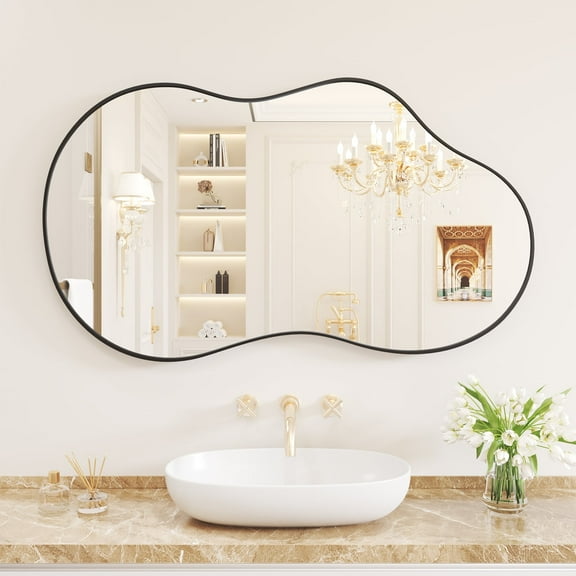 Swafrrt 20x36 inch Black Irregular Wall Mirror, Asymmetrical Mirror, Abstract Wavy Aluminum Alloy Frame Mirror for Bathroom, Bedroom, Living Room, Entryway