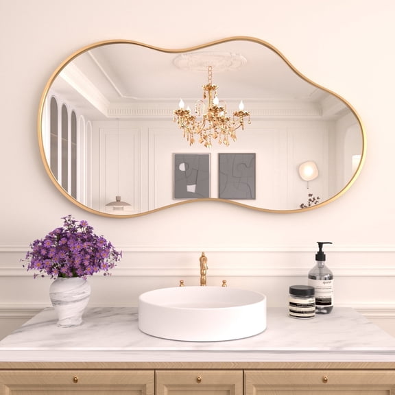 Swafrrt 20x36 inch Gold Irregular Wall Mirror, Asymmetrical Mirror, Abstract Wavy Aluminum Alloy Frame Mirror for Bathroom, Bedroom, Living Room, Entryway