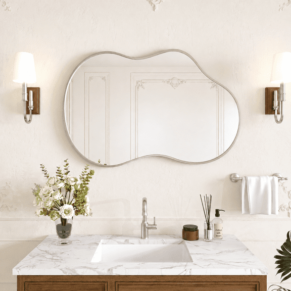 Swafrrt 20x36 inch Silver Irregular Wall Mirror, Asymmetrical Mirror, Abstract Wavy Aluminum Alloy Frame Mirror for Bathroom, Bedroom, Living Room, Entryway