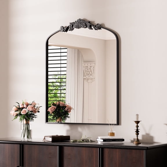 Swafrrt 30x36 inch Black Arch Mirror, Vintage Wall Mirror, Aluminum Frame, Baroque Black Bathroom Mirror, Suitable for Wall, Tempered Glass, Can Hung Vertically or Tilted