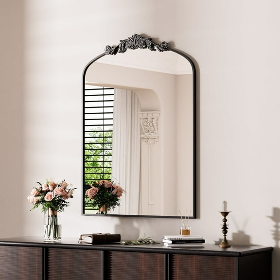 Swafrrt 30x42 inch Black Arch Mirror, Vintage Wall Mirror, Aluminum Frame, Baroque Black Bathroom Mirror, Suitable for Wall, Tempered Glass