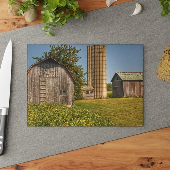 U R There Photography Swaffer Mini Greys and Silos Rustic Farmhouse Tempered-Glass Cutting Board 8"x 11"