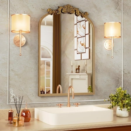 Swafrrt 20" x 32" Antique Gold Baroque Arch Wall Mirror, Vintage Bathroom Mirror with Aluminum Frame