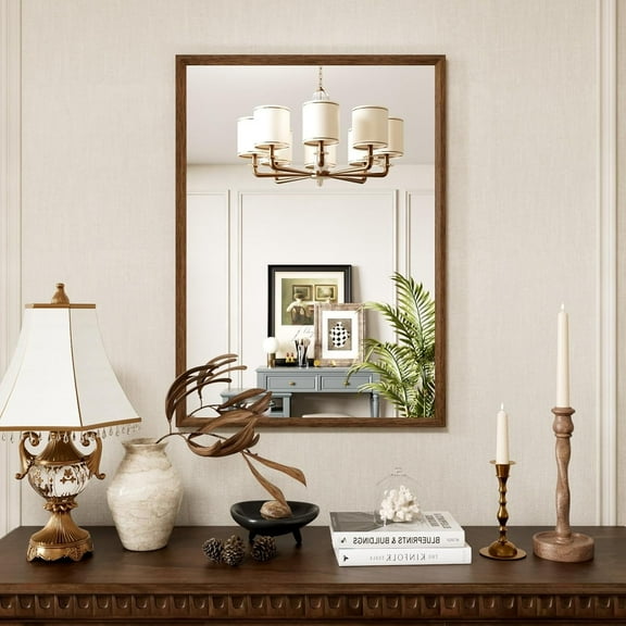 Swafrrt 24"x 36" Bathroom Wall Mirror with Walnut Wood Grain Framed, Vanity Mirror Anti-Rust, Anti-Fog, Waterproof