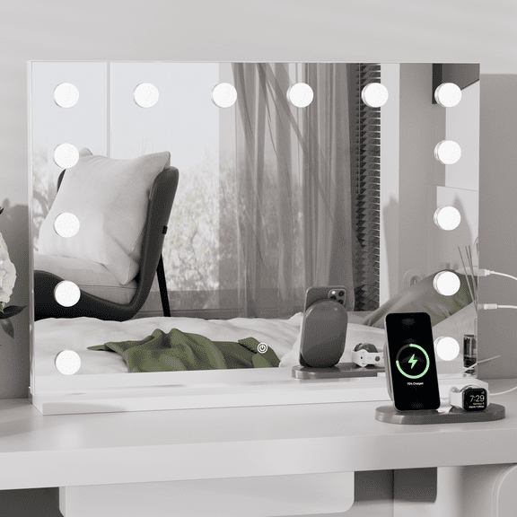 Swafrrt 28''x20'' LED Right Angle Bathroom Mirror, Tempered Glass Hollywood Right Angle Vanity Mirror with LED Bulb, Suitable for Wall Mount, White