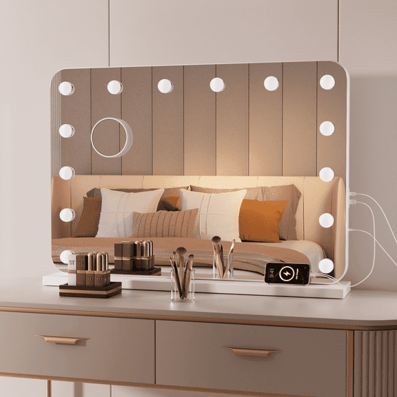 Swafrrt 32x22 inch LED Makeup Mirror with Round Corner Light, Tempered Glass Hollywood Vanity Mirror with LED Bulb, Suitable for Desktop, Wall Mount, White