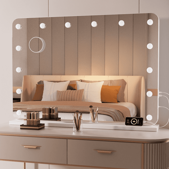 Swafrrt 36x24 inch LED Round Corner Makeup Mirror, Tempered Glass Hollywood Vanity Mirror with LED Bulb, Suitable for Tabletop, Wall Mount, White