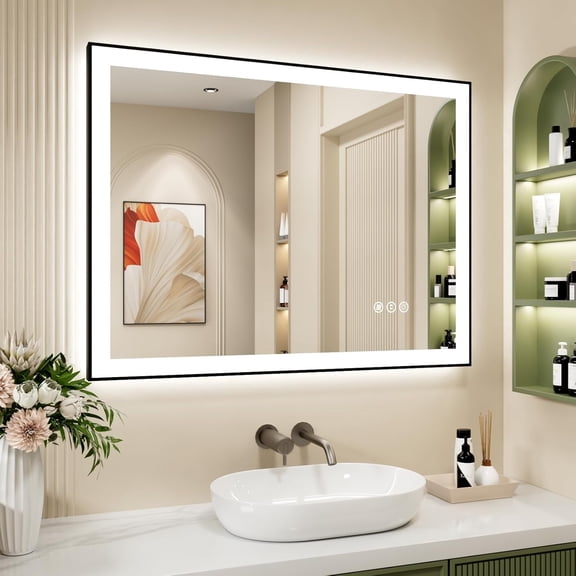 Swafrrt 40"X30" Anti-fog LED Lighted Bathroom Wall Mirror with Black Frame, Dual Light Source and Three Lighting Modes, Shatterproof, Memory