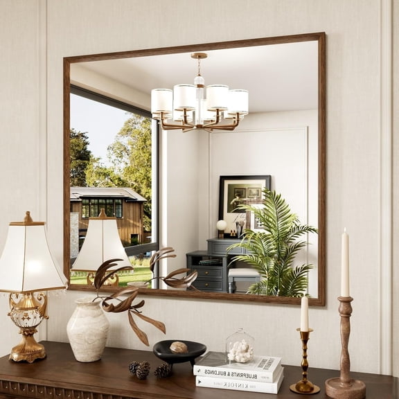 Swafrrt 40"x 36" Bathroom Wall Mirror with Walnut Wood Grain Framed, Vanity Mirror Anti-Rust, Anti-Fog, Waterproof