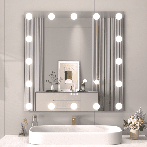 Swafrrt 41‘’x34'' LED Bathroom Mirror Lighted Vanity Mirror Tempered Glass Hollywood Vanity Mirror with LED Bulb, for Desktop Wall Mount, White