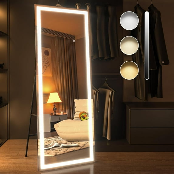 Swafrrt 57x18 Inch Rectangle LED Full Length Mirror, Black Frame Lighted Floor Standing Mirror with Dimmable & 3 Color Lighting for Bedroom Cloakroom, Wall Mounted Floor Mirror
