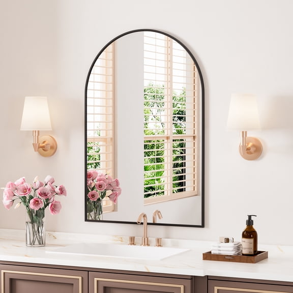 STAWDY Bathroom Mirror, 22’’x30’’ Black Arched Mirror, Arched Bathroom Mirror, Black Bathroom Mirror Aluminum Framed