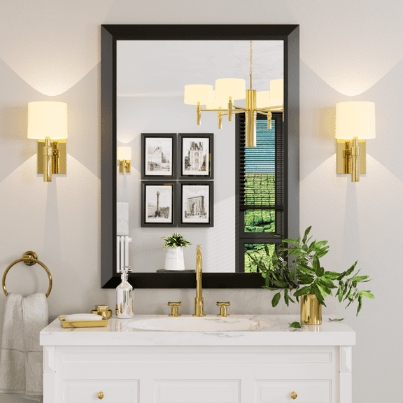 Swafrrt Framed Bathroom Mirror, 40x30 Inch Black Frame Bathroom Mirror, Rectangular Classic Framed Wall Mirror, Classic Vintage Mirror