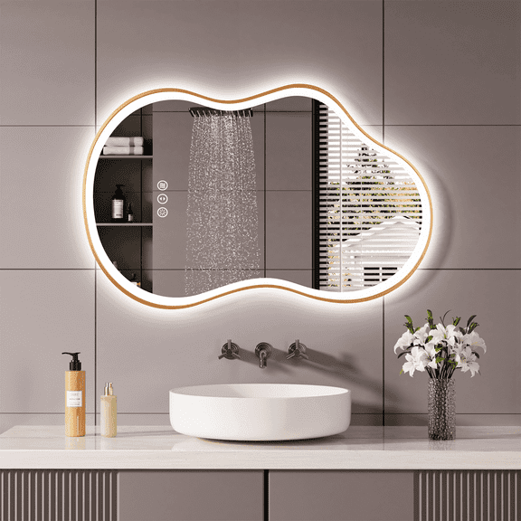 STAWDY LED Bathroom Mirror 24X36 Inch, Asymmetrical Design, Anti-Fog, Dimmable 3 Color Temperatures, Shatterproof Glass, Horizontal or Vertical Mount Gold Frame