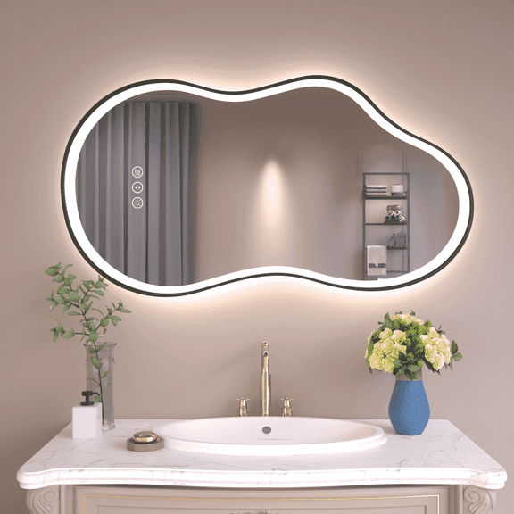 Swafrrt LED Bathroom Mirror 24x36 Inch, Asymmetrical Design, Anti-Fog, Dimmable 3 Color Temperatures, Shatterproof Glass, Horizontal or Vertical Mount Black Frame