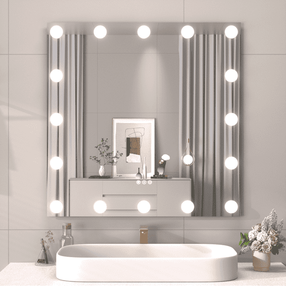 Swafrrt  34"x34" LED Bathroom Mirror Lighted Vanity Mirror Tempered Glass Hollywood Vanity Mirror with LED Bulb, for Desktop Wall Mount, White