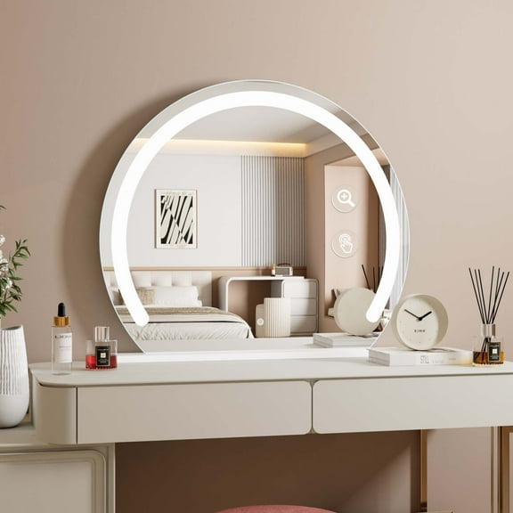 Swafrrt Vanity Mirror with Lights, 32x26 inch LED Lighted Makeup Mirror with USB Charging Port, Round Makeup Mirror, 3 Colors Lighting, Dimmable for Tabletop, Bedroom