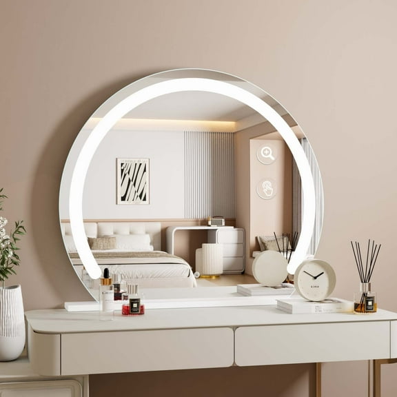 Swafrrt Vanity Mirror with Lights, 36x28 inch LED Lighted Makeup Mirror, Round Makeup Mirror with 3 Color Lighting, Dimmable for Tabletop, Bedroom