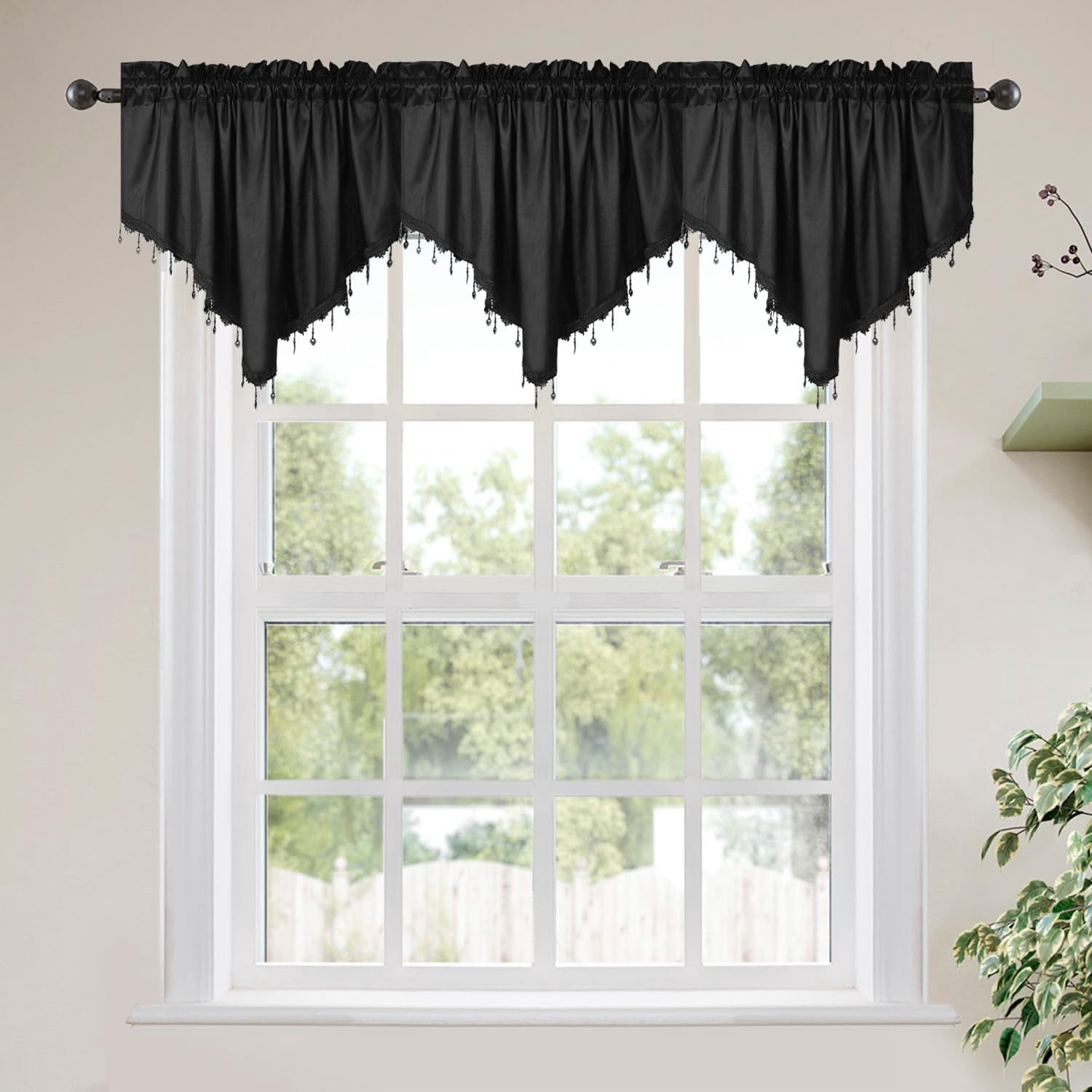 Swag Curtain 51 inch Length Rod Pocket Scalloped Curtain Valance Sheer Lace Panels with Hanging Crystal Beads for Kitchen Bedroom Window Treatments Drape Decor 1pc (Cloth Black, 51Wx23L)