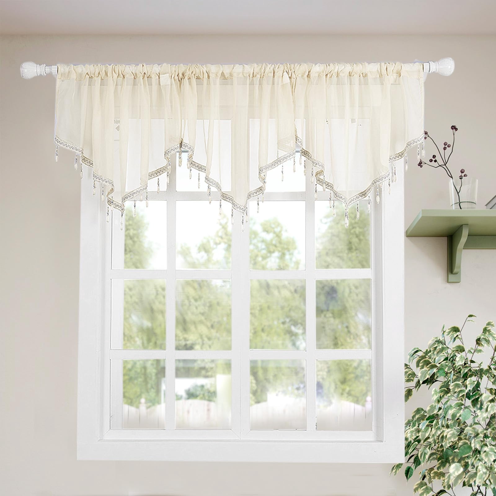 Swag Curtain Rod Pocket Scalloped Valance Sheer Lace Panel with Hanging Crystal Beads for Kitchen Bedroom Window Treatment Drape Decor 51x23 Inch White