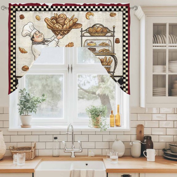 Swag Curtain Valance for Kitchen, Cartoon Chef Buffalo Plaid Swag Valances Rod Pocket Curtains, Pastry Cart Italian Bistro Light Filtering Window Topper for Bedroom Bathroom