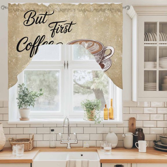 Swag Curtain Valance for Kitchen, Retro Coffee Theme Swag Valances Rod Pocket Curtains, Coffee Cup Beans Vintage Back Light Filtering Window Topper for Bedroom Bathroom