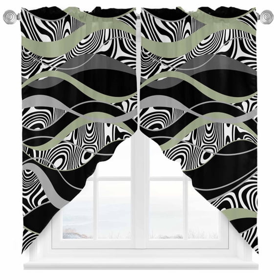 Swag Curtain Valances Abstract Lines Swag Valances for Kitchen Windows Sage Green Black Geometric Short Topper Curtains Valance Tier Pair for Kitchen Bedroom Living Room Bathroom 28"x36"