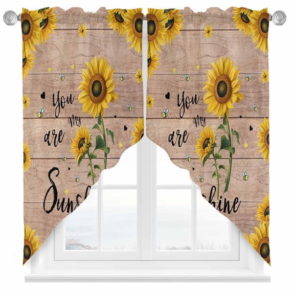 Swag Curtain Valances Bee Sunflowers Swag Valances for Kitchen Windows Rustic Wood Grain You Are My Sunshine Short Topper Curtains Valance Tier Pair for Kitchen Bedroom Living Room Bathroom 28"x36"