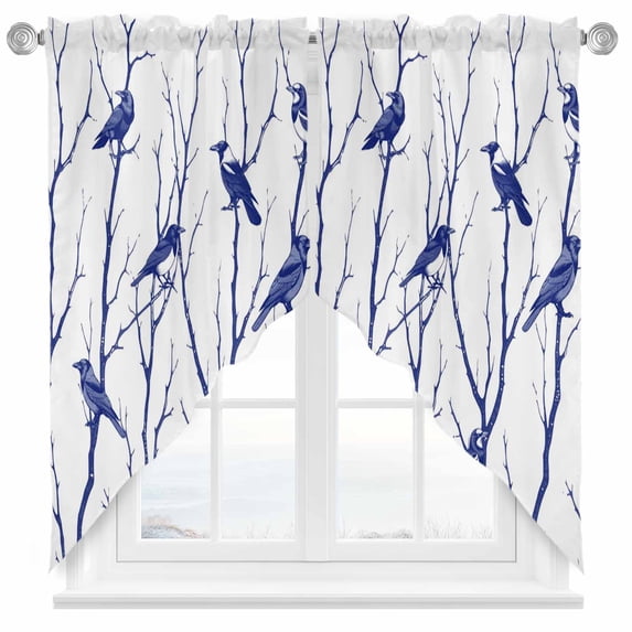 Swag Curtain Valances Bird Branches Swag Valances for Kitchen Windows Blue Leaves Tree Short Topper Curtains Valance Tier Pair for Kitchen Bedroom Living Room Bathroom 28"x36"