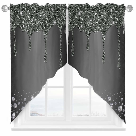 Swag Curtain Valances Black Diamond Swag Valances for Kitchen Windows Luxury Bling Water Drop Short Topper Curtains Valance Tier Pair for Kitchen Bedroom Living Room Bathroom 28"x36"