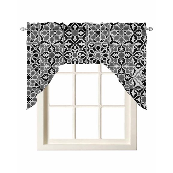 Swag Curtain Valances Black Floral Block Swag Valances for Kitchen Windows Geometric Morocco Art Window Treatment Curtains Drapes for Kitchen Bedroom Living Room Bathroom Over Sink 56"x36"