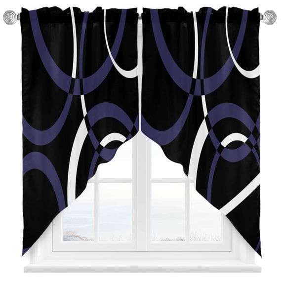 Swag Curtain Valances Blue Black Geometric Circle Swag Valances for Kitchen Windows Modern Abstract Lines Short Topper Curtains Valance Tier Pair for Kitchen Bedroom Living Room Bathroom 28"x36"