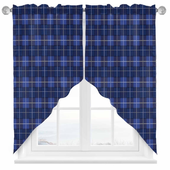 Swag Curtain Valances Blue Check Plaid Swag Valances for Kitchen Windows Geometric Pattern Short Topper Curtains Valance Tier Pair for Kitchen Bedroom Living Room Bathroom 28"x36"