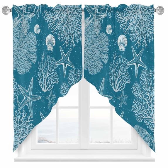 Swag Curtain Valances Blue Coral Swag Valances for Kitchen Windows Ocean Starfish Shell Short Topper Curtains Valance Tier Pair for Kitchen Bedroom Living Room Bathroom 28"x36"