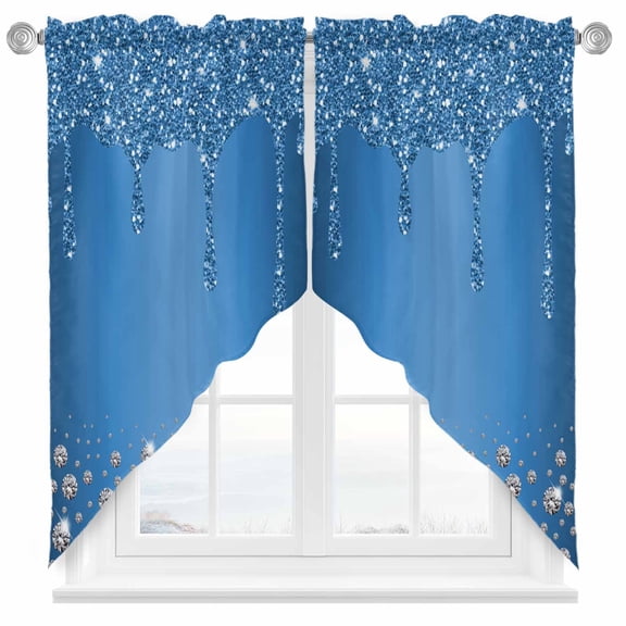 Swag Curtain Valances Blue Diamond Swag Valances for Kitchen Windows Luxury Bling Water Drop Short Topper Curtains Valance Tier Pair for Kitchen Bedroom Living Room Bathroom 28"x36"