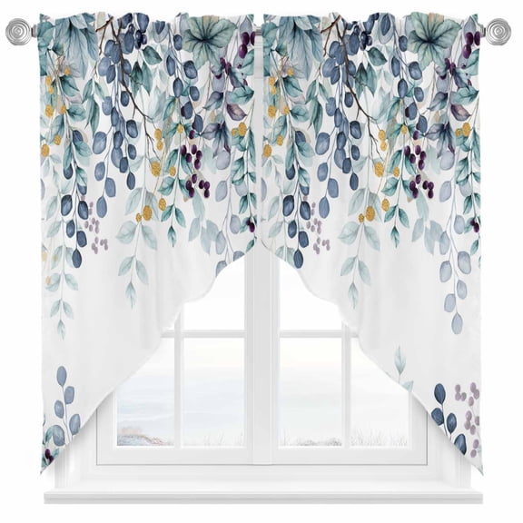 Swag Curtain Valances Blue Eucalyptus Leaves Swag Valances for Kitchen Windows Berry Branch Nature Plant Short Topper Curtains Valance Tier Pair for Kitchen Bedroom Living Room Bathroom 28"x36"