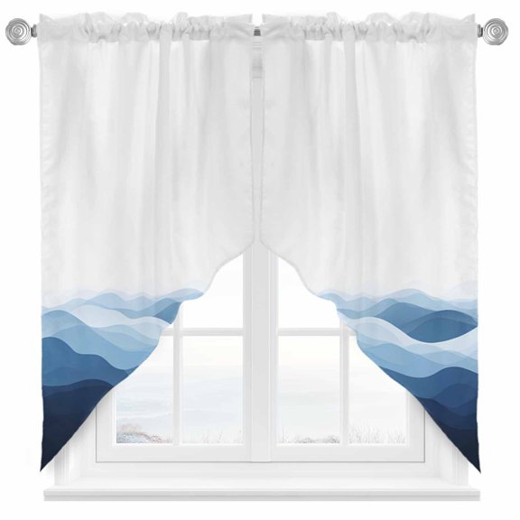 Swag Curtain Valances Blue Waves Swag Valances for Kitchen Windows Ocean Spray Lines Short Topper Curtains Valance Tier Pair for Kitchen Bedroom Living Room Bathroom 28"x36"