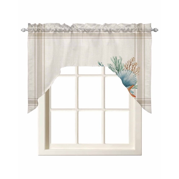 Swag Curtain Valances Coral Seagrass Swag Valances for Kitchen Windows Eucalyptus Starfish Shell Stripes Linen Window Treatment Curtains Drapes for Kitchen Bedroom Living Room Bathroom 56"x36"