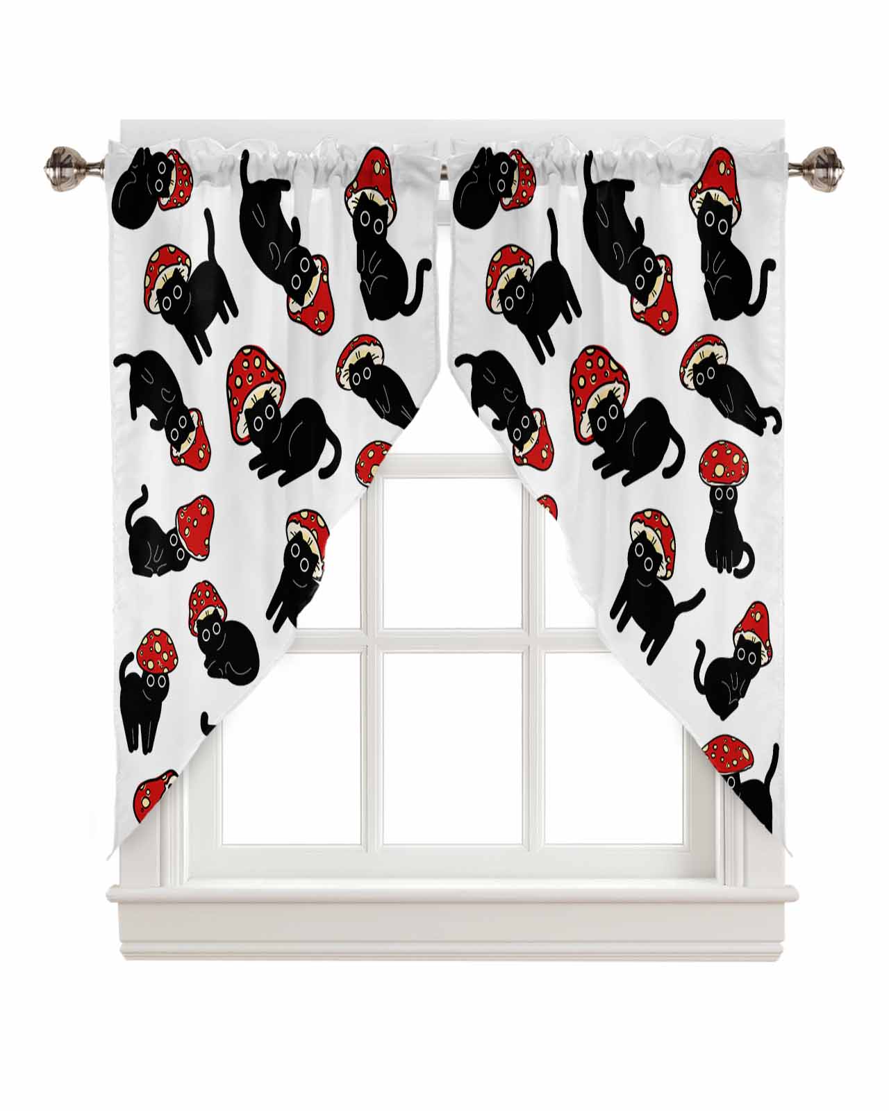 Swag Curtain Valances Cute Black Cat and Red Mushroom Cap Texture Rod